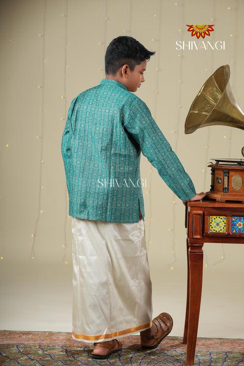 Ethnic Waer - Teal Green Boys Diamond Jacquard Cotton Kurta !!!