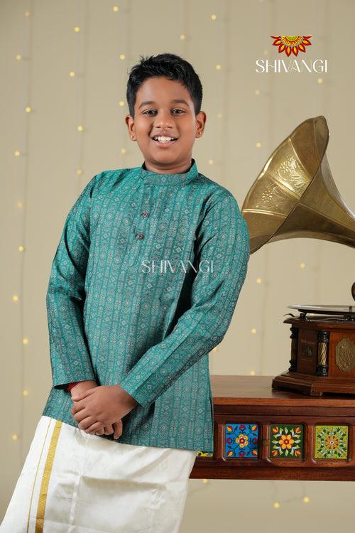 Ethnic Waer - Teal Green Boys Diamond Jacquard Cotton Kurta !!!