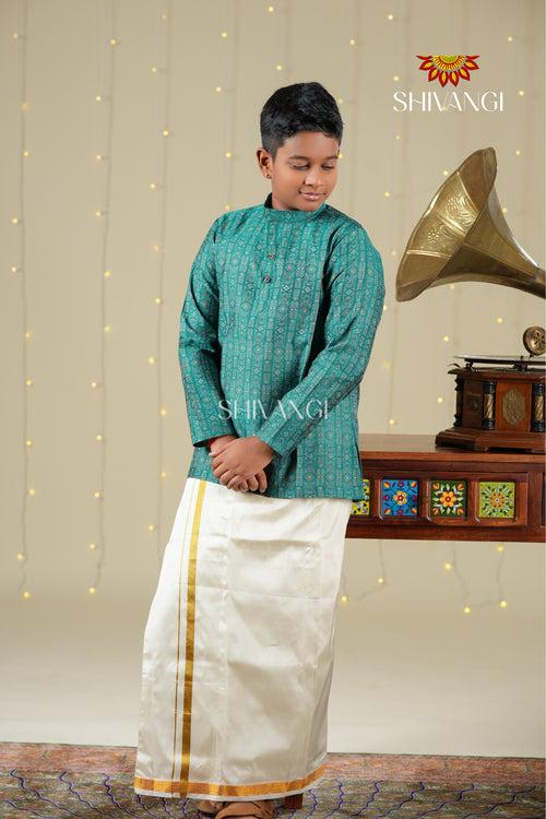 Ethnic Waer - Teal Green Boys Diamond Jacquard Cotton Kurta !!!