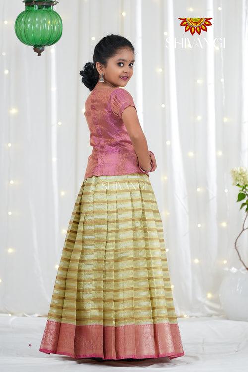 Gold Flower Bell Traditional Organza Pattu Pavadai For Girls !!!