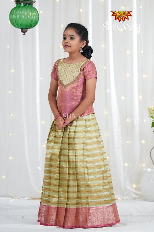 Gold Flower Bell Traditional Organza Pattu Pavadai For Girls !!!