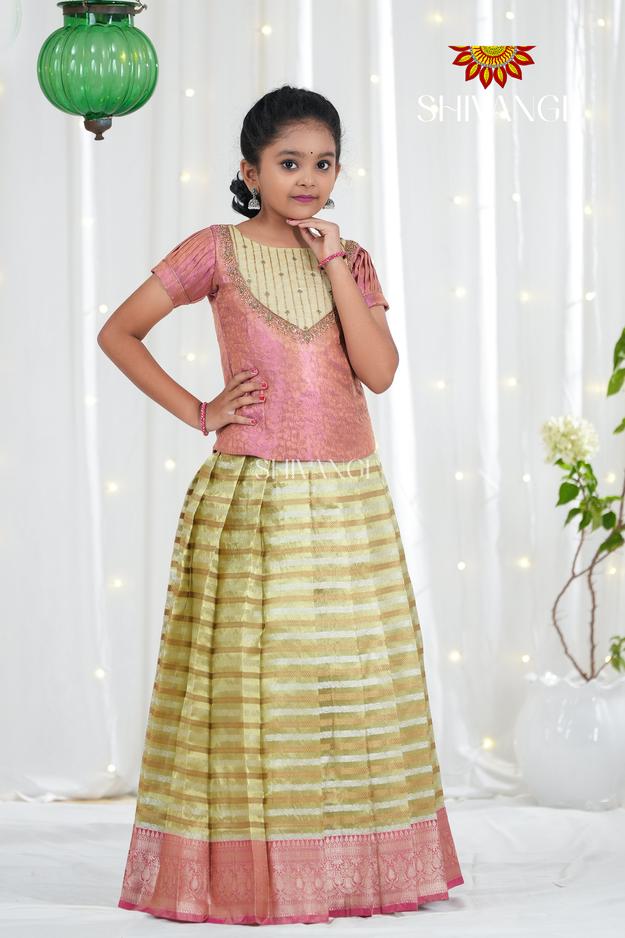 Gold Flower Bell Traditional Organza Pattu Pavadai For Girls !!!