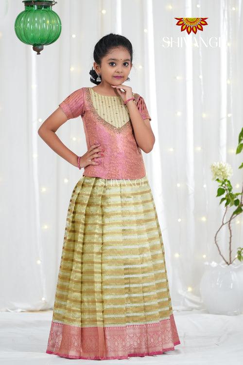 Gold Flower Bell Traditional Organza Pattu Pavadai For Girls !!!