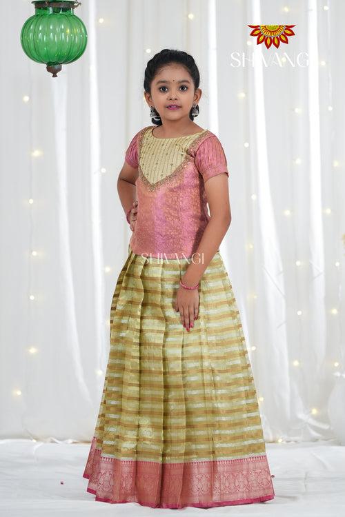 Gold Flower Bell Traditional Organza Pattu Pavadai For Girls !!!