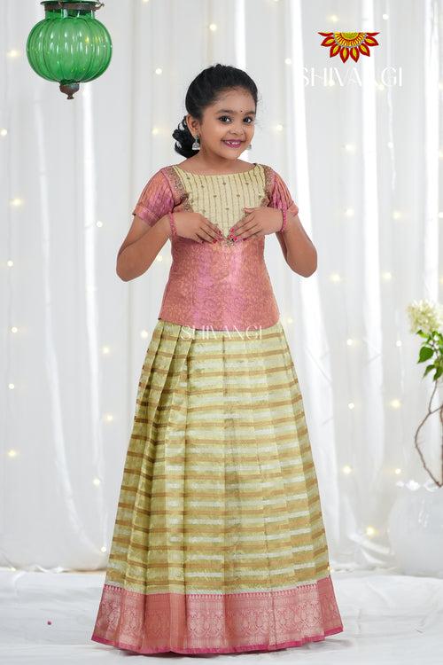 Gold Flower Bell Traditional Organza Pattu Pavadai For Girls !!!