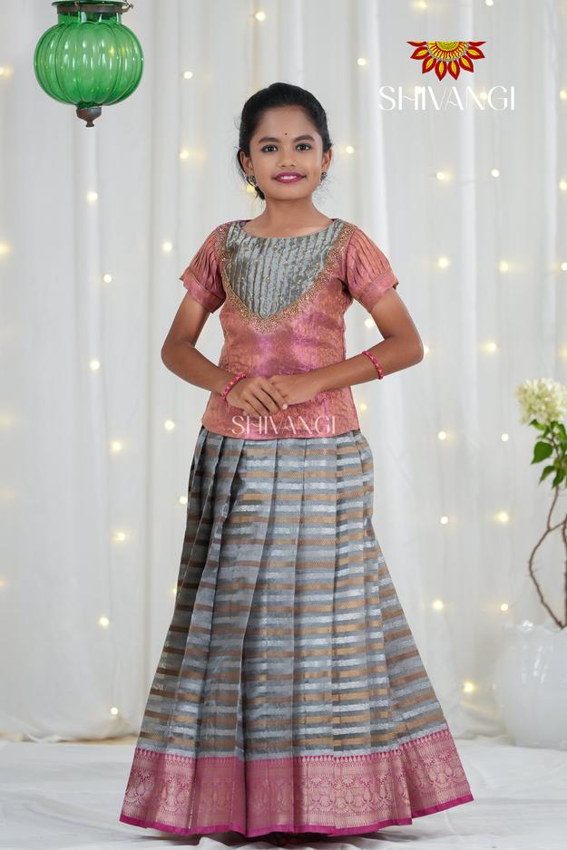 Grey Flower Bell Traditional Organza Pattu Pavadai For Girls !!!