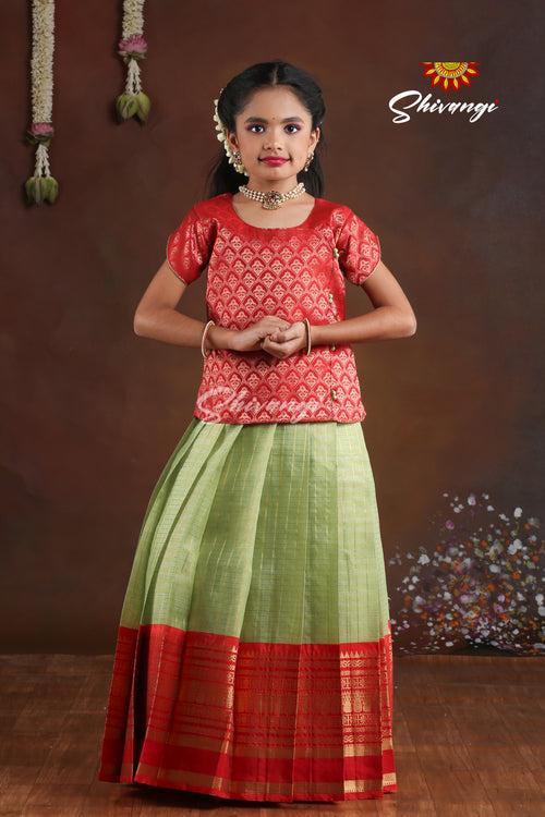 Pattu Pavadai Designs for Girls in Red and Green - Golden Hills