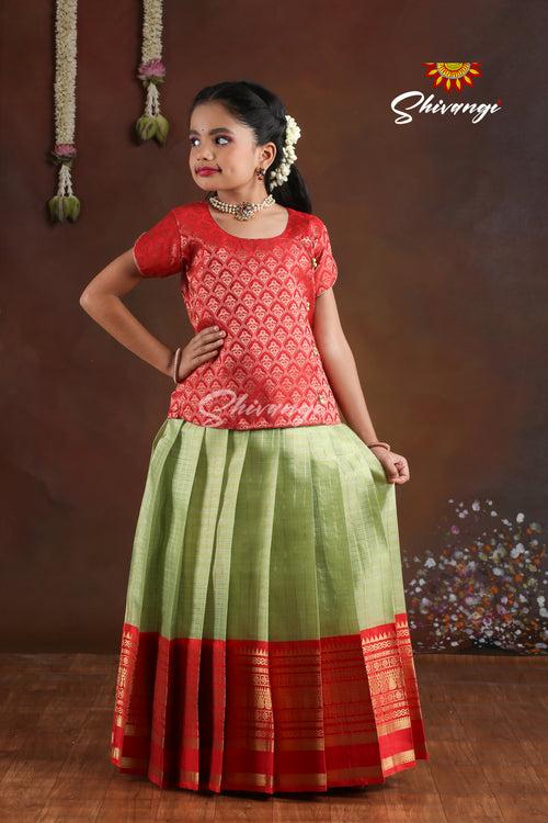 Pattu Pavadai Designs for Girls in Red and Green - Golden Hills