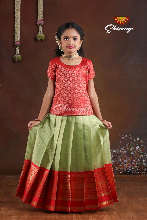 Pattu Pavadai Designs for Girls in Red and Green - Golden Hills