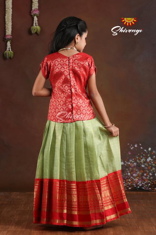 Pattu Pavadai Designs for Girls in Red and Green - Golden Hills