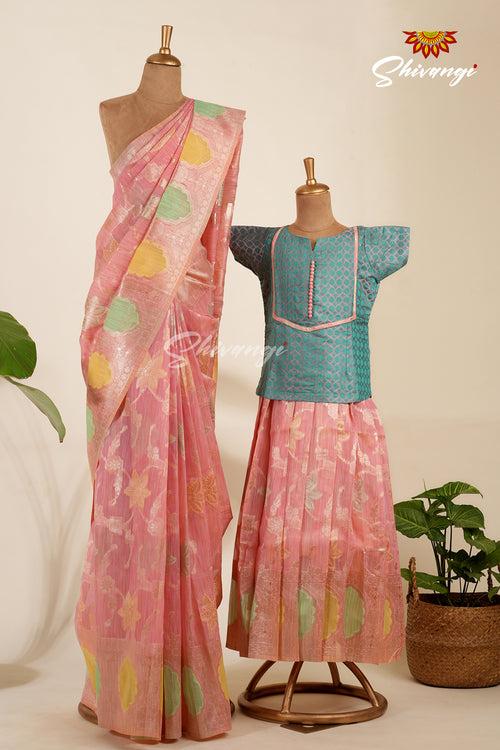 Mom And Daughter Saree and Pattu Pavadai Combo Set