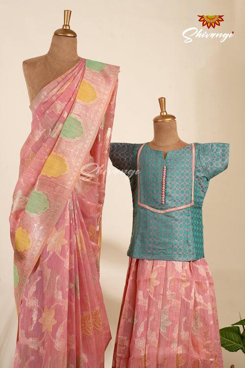 Mom And Daughter Saree and Pattu Pavadai Combo Set