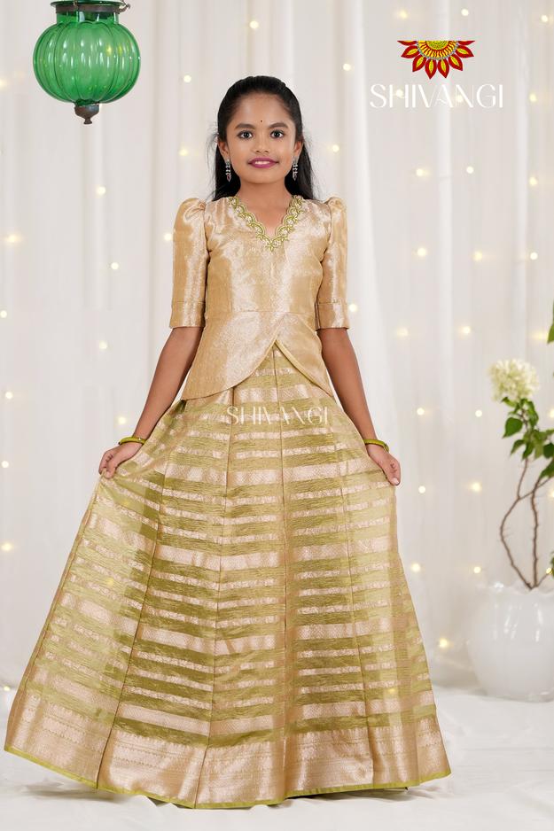 Parrot Green Metallic Crush Traditional Pattu Pavadai For Girls !!!