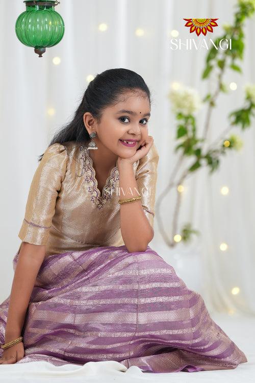 Pink Metallic Crush Traditional Pattu Pavadai For Girls !!!