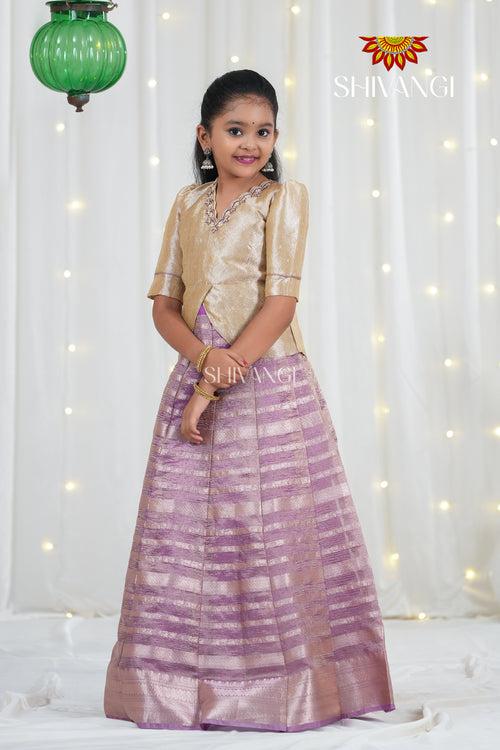 Pink Metallic Crush Traditional Pattu Pavadai For Girls !!!