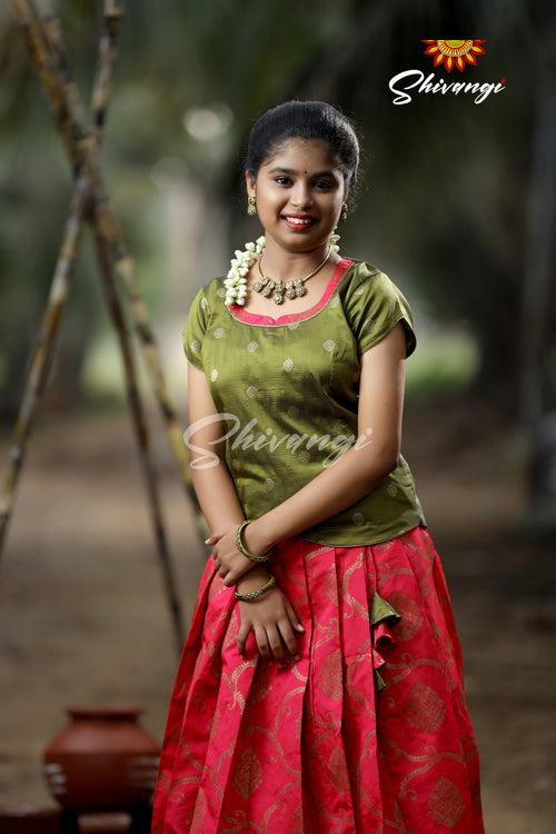 Pink Antique Pendant Pattu Pavadai designs For Girls