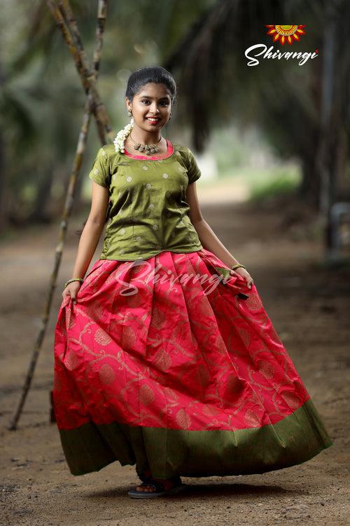 Pink Antique Pendant Pattu Pavadai designs For Girls