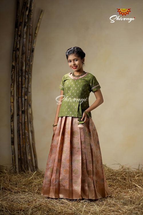 Girls Peach Pine Creeper Pattu Pavadai Langa Designs