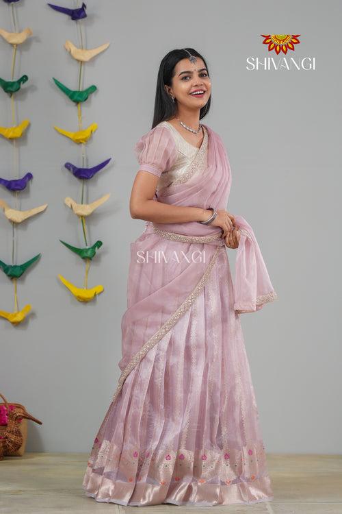 Pink Golden Necklace Traditional Half Saree | Langa For Girls !!!