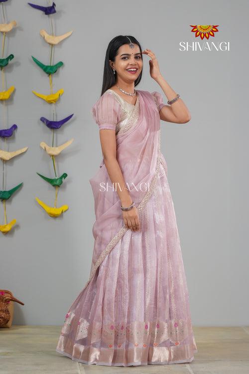 Pink Golden Necklace Traditional Half Saree | Langa For Girls !!!