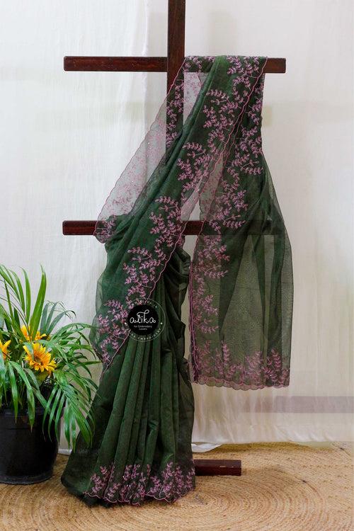 Elegant Hunter Green Silky Kota Saree with Pink Sequence Embroidery