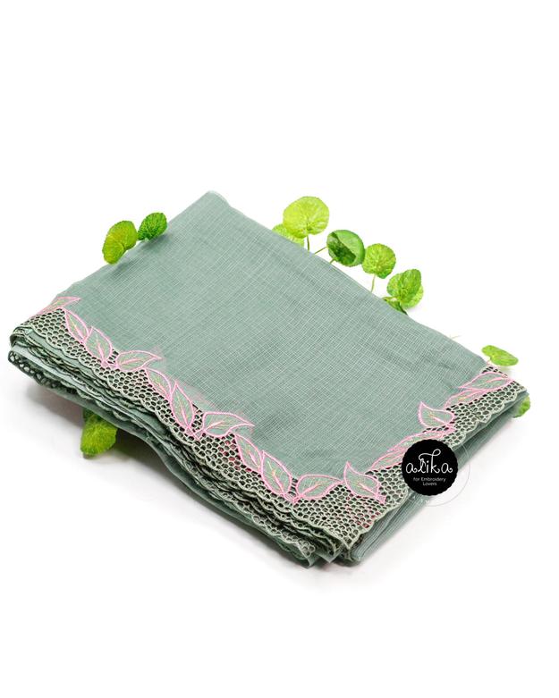 Elegant Green Double-Shaded Silky Kota Saree with Full Border Cutwork & Leaf Design – Traditional & Stylish