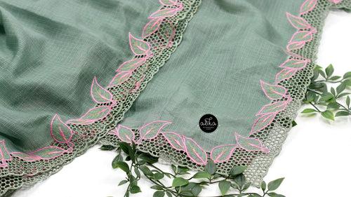 Elegant Green Double-Shaded Silky Kota Saree with Full Border Cutwork & Leaf Design – Traditional & Stylish