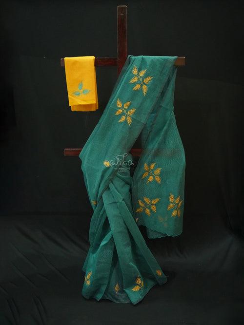 GREEN STRIPED KOTA SAREE WITH MACHINE EMBROIDERY