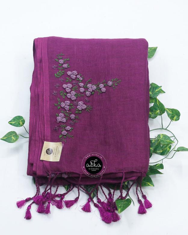 Grape Purple Linen Saree with Exquisite Bullion Work – Elegant & Sophisticated