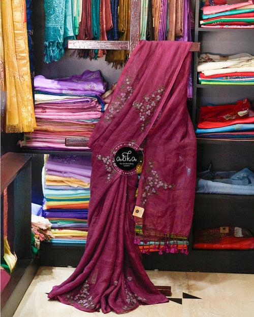 Grape Purple Linen Saree with Exquisite Bullion Work – Elegant & Sophisticated