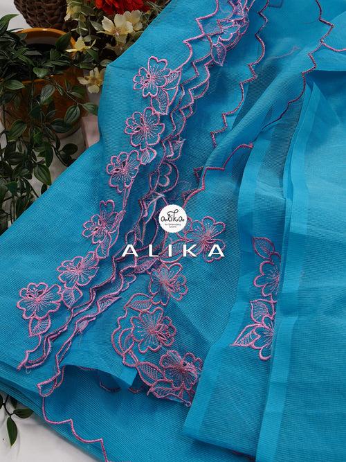 Sky Dreams Saree - Silky Kota with Pink Floral Embroidery & Scalloped Border