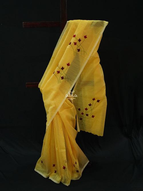 YELLOW  STRIPED KOTA  SAREE  WITH MACHINE EMBROIDERY