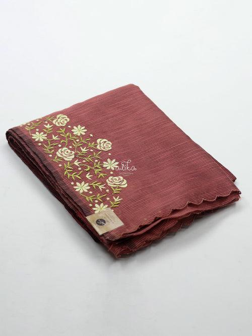 BRICK RED STRIPED KOTA SAREE WITH FLORAL MACHINE EMBROIDERY