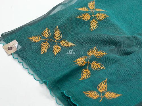 GREEN STRIPED KOTA SAREE WITH MACHINE EMBROIDERY