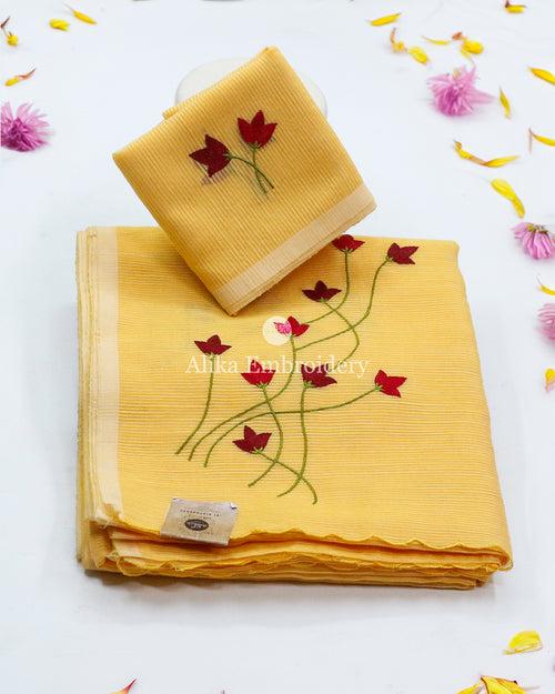 YELLOW  STRIPED KOTA  SAREE  WITH MACHINE EMBROIDERY