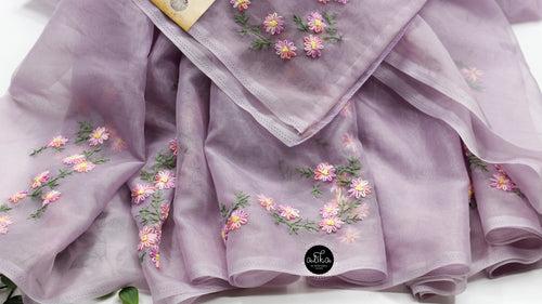 Lilac Color Organza Saree with Lazy Daisy Work – Elegant & Floral Embroidery