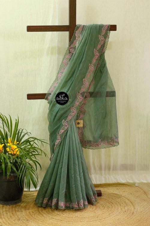 Elegant Green Double-Shaded Silky Kota Saree with Full Border Cutwork & Leaf Design – Traditional & Stylish