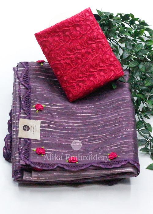Elegant Purple Organza Saree with Cutwork & Rani Pink Handwork"