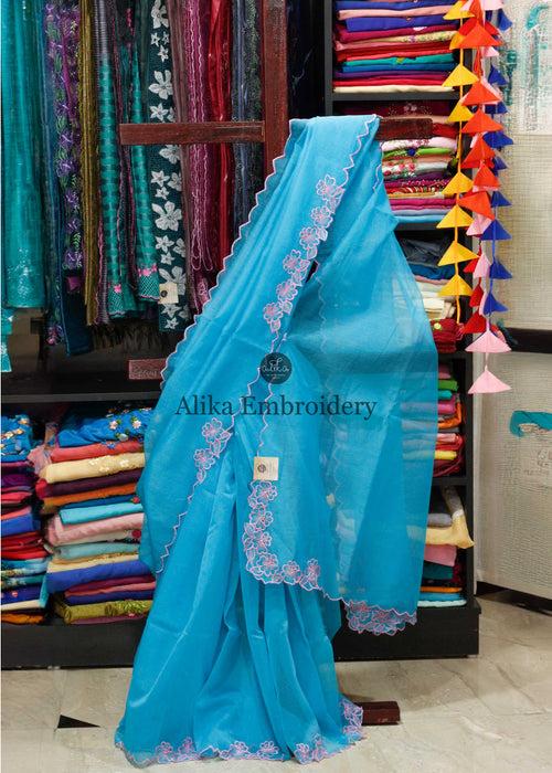 Sky Dreams Saree - Silky Kota with Pink Floral Embroidery & Scalloped Border