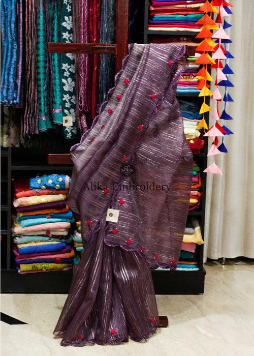 Elegant Purple Organza Saree with Cutwork & Rani Pink Handwork"