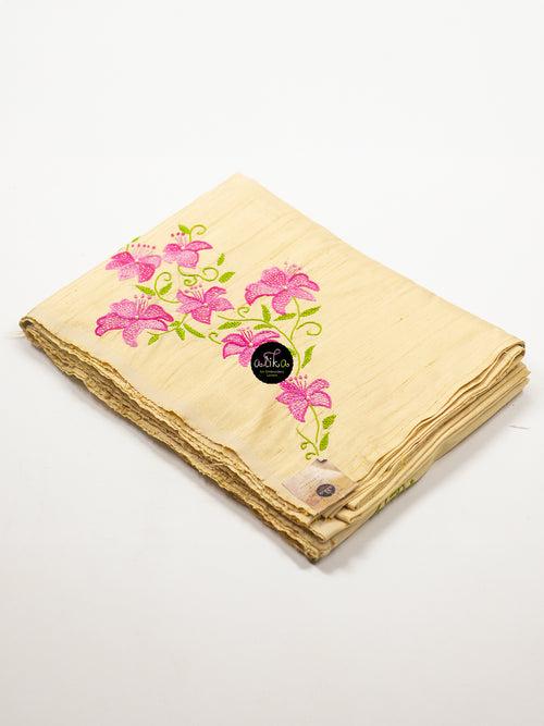 LIGHT GOLD RAW SILK SAREE WITH PINK AND GREEN HAND EMBROIDERY