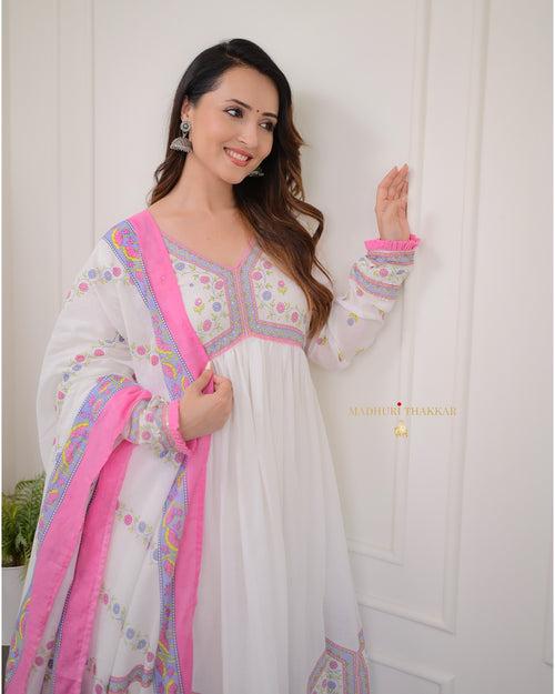 Pink-White Floral Mul Cotton Anarkali