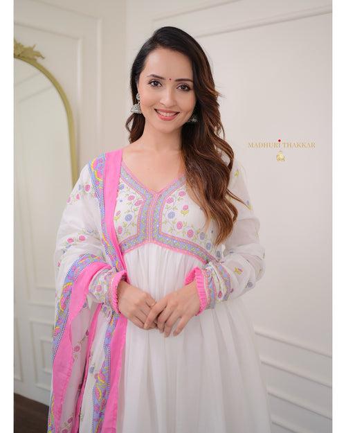 Pink-White Floral Mul Cotton Anarkali