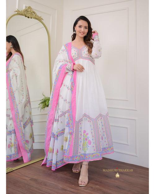 Pink-White Floral Mul Cotton Anarkali