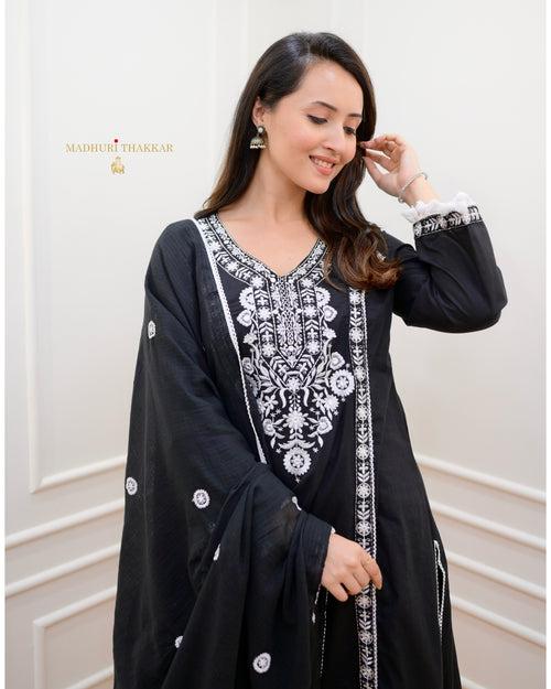 Black Aline Tassels Embroidered Afghani Suit