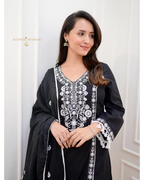 Black Aline Tassels Embroidered Afghani Suit