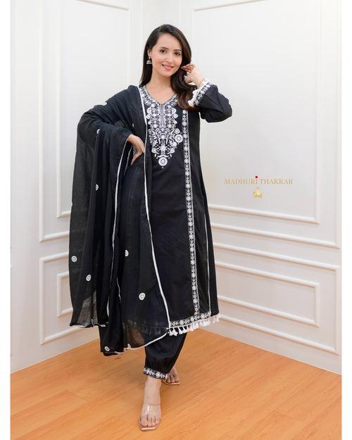 Black Aline Tassels Embroidered Afghani Suit