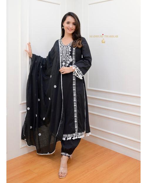 Black Aline Tassels Embroidered Afghani Suit