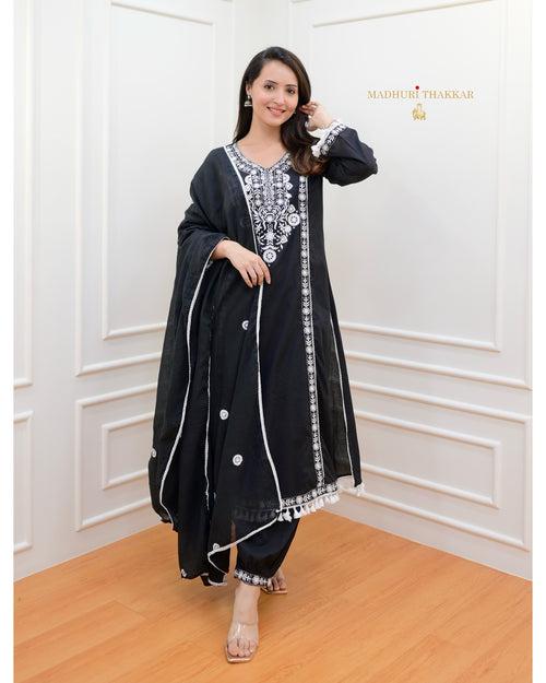 Black Aline Tassels Embroidered Afghani Suit