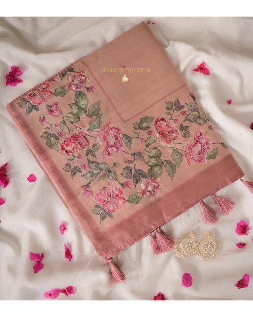 Mauve Tussar Saree With Handwork Floral Border